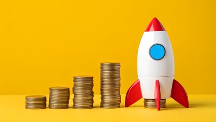 Financial Growth and Success – Toy Rocket with Ascending Coin Stacks, Yellow Background, Investment Concept