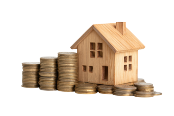 A wooden house is on top of a pile of coins. The coins are stacked in a pyramid shape