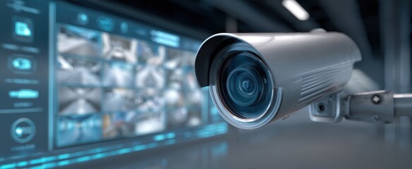 The Surveillance Camera Mounted in a High Tech Control Room Monitoring Multiple Screens