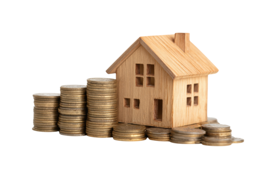 A wooden house is on top of a pile of coins. The coins are stacked in a pyramid shape - Powered by Adobe