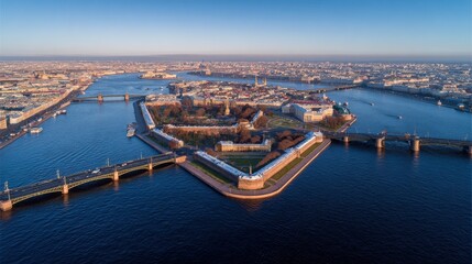 Naklejka premium saintpetersburg russia neva river panoramic aerial view of hare island and artelery island peterpavel s fortress trinity bridge from drone no logos no brands ar 169