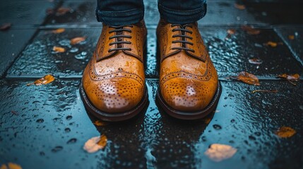 Close-up of  tan brogues on a wet pavement.  Fallen leaves surround the shoes