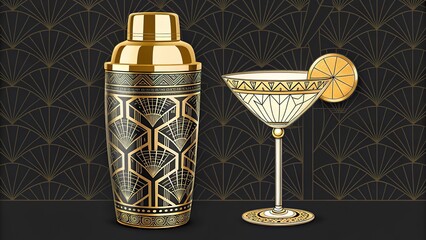 Elegant art deco cocktail shaker and glass with intricate designs on a dark background
