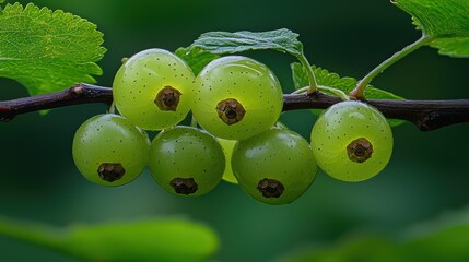 Close-up of a cluster of vibrant green currants on a branch, with blurred green foliage in the background