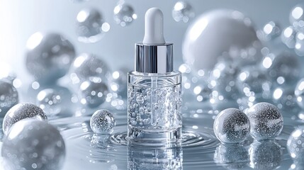 Clear serum bottle, surrounded by  iridescent spheres, on rippled water