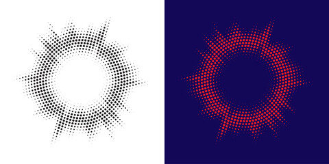 Halftone circle frame background set. Round border Icon using halftone random circle. Grunge circular stain. Vector illustration.