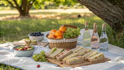 Picnic celebration with a healthy spread of whole grain sandwiches and fresh fruits in a sunny park