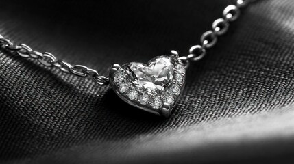 Close-up of a heart-shaped diamond pendant on a delicate chain, resting on dark fabric
