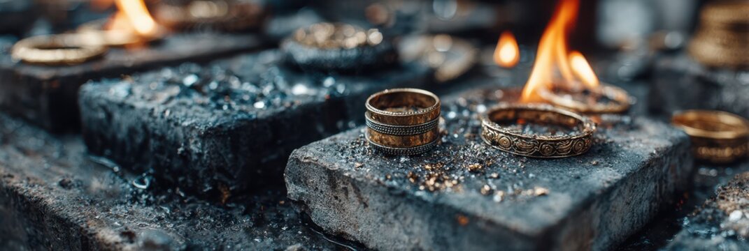 Gold rings being crafted over flames in a workshop with molten metal and charcoal in the background - Powered by Adobe