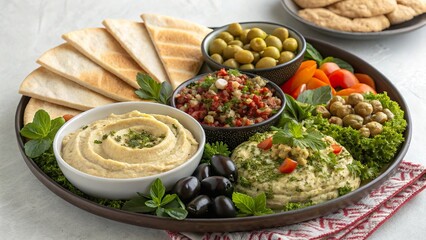Platter of assorted Mediterranean mezze with dips, olives, and pita bread arranged for a gathering