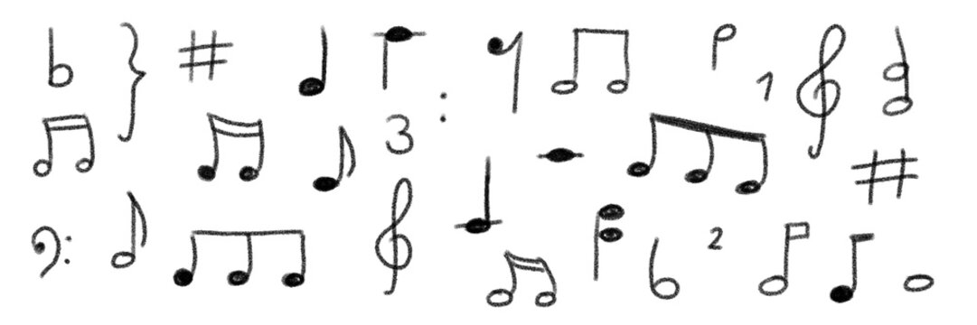 hand-drawn set of different music notes icons isolated on white or transparent png