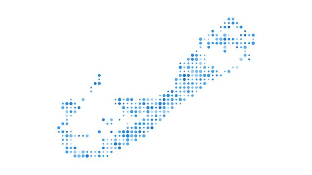 Bermuda dotted digital map. Map of Bermuda with pulsating colored circles. Shape of the island filled with blue disks. Radiant video.