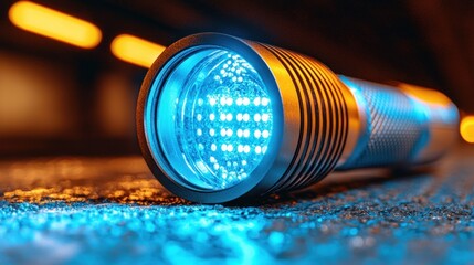 Close-up of a futuristic flashlight with a vibrant blue LED array.  Strong light source against a dark background with blurred, warm-toned lights