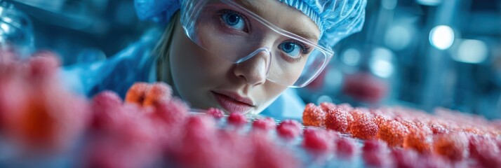Quality control specialist examines fresh raspberries in a processing facility during the afternoon