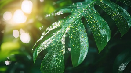 Close-up of a large, vibrant, tropical leaf, glistening with water droplets. Sunlight streams through the lush greenery