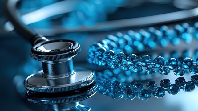 Close-up of a medical stethoscope and a necklace of blue crystals, reflecting on a dark surface