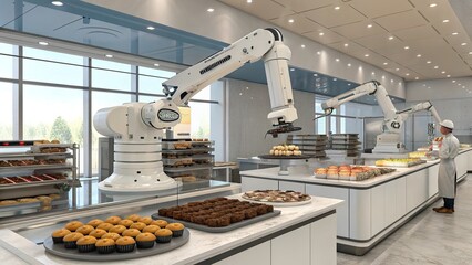 High tech bakery features innovative robot bakers preparing delicious pastries in a sleek, modern environment