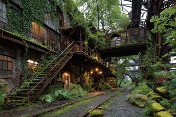 Abandoned industrial factory building with rusty metal structures overgrown by green vines and lush plants