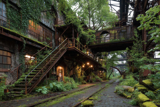 Abandoned industrial factory building with rusty metal structures overgrown by green vines and lush plants