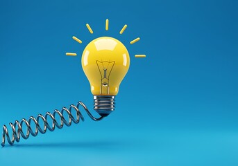 Yellow lightbulb with a spring on a blue background, symbolizing innovation and bright ideas