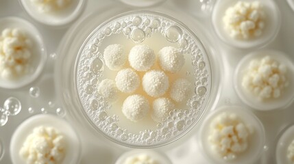 Close-up of a petri dish, filled with bubbling liquid, with small, textured, white spheres.  Surrounding petri dish are similar spheres