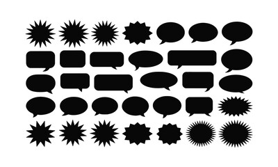 Collection of black vector speech bubbles and starburst shapes in various styles. A versatile set for communication, conversation, and design.

