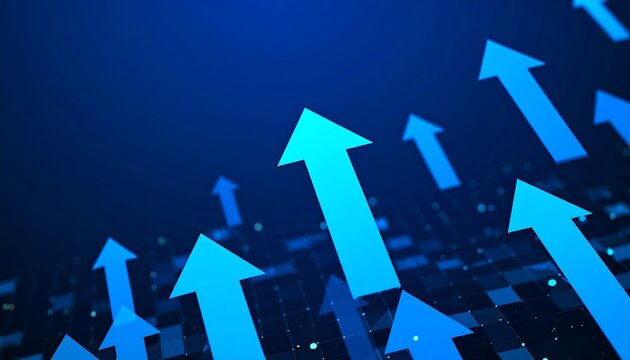 Abstract graphic of upward arrows on a dark blue background with a grid pattern
