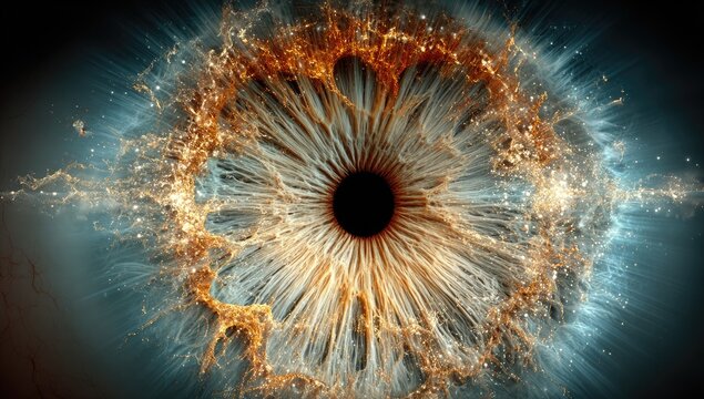 Detailed close-up of an eye's iris.  A vibrant,  abstract depiction of a human eye.  Complex patterns,  colors, and textures - Powered by Adobe