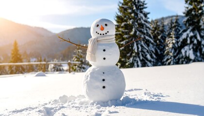 Obraz premium Joyful snowman standing in a serene winter landscape with snow-covered trees and mountains