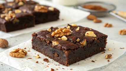 Delicious sweet potato brownie topped with walnuts served on a clean surface perfect for dessert lovers