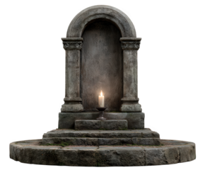Ancient grave candle stone arch spiritual night memorial solitude mystical old round platform. An ancient stone grave with lit candle on steps evoking spiritual and mystical atmosphere