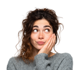 Contemplative woman in sweater portrait isolated on transparent background