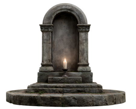 Ancient grave candle stone arch spiritual night memorial solitude mystical old round platform. An ancient stone grave with lit candle on steps evoking spiritual and mystical atmosphere