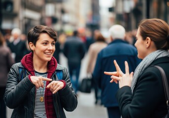 Two women are having a lively conversation on a busy city street, using sign language to communicate, deaf culture, sign language, communication, connection.