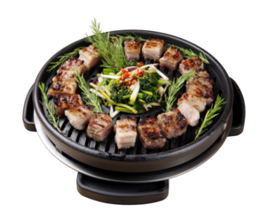 Grilled pork slices arranged in circle on hotpot grill with fresh herbs and spicy vegetable garnish, delicious and savory Asian cuisine, isolated on transparency background