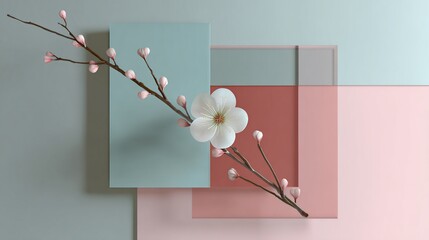 Delicate blossom branch on a geometric pastel background. Flowers and shapes intertwine