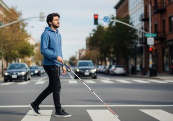 A determined visually impaired man uses a white cane to confidently cross a city street at a crosswalk, demonstrating independence.