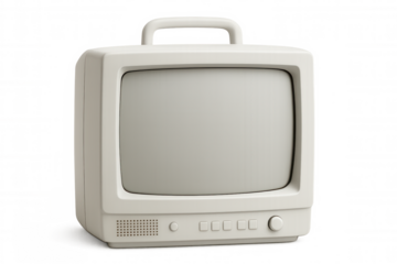 Retro portable tv featuring integrated handle, control buttons, isolated on transparent backdrop