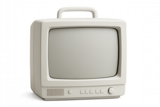Retro portable tv featuring integrated handle, control buttons, isolated on transparent backdrop