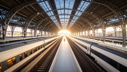 High-angle view of a train station at sunrise