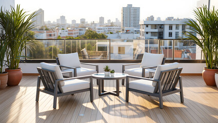 Fototapeta premium Modern Rooftop Patio Furniture: Serene City View, Warm Sunset Light, Aluminum Frame, White Cushions