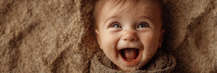 Happy baby covered in sand enjoying playtime on a sandy surface during a sunny day at the beach