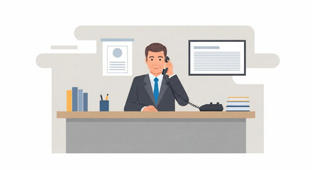 Businessman Wearing Suit Sitting at Desk Using Telephone in Office Workspace