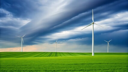 Towering wind turbines harness clean energy across a vast, open field under a bright sky, symbolizing sustainability and future power.
