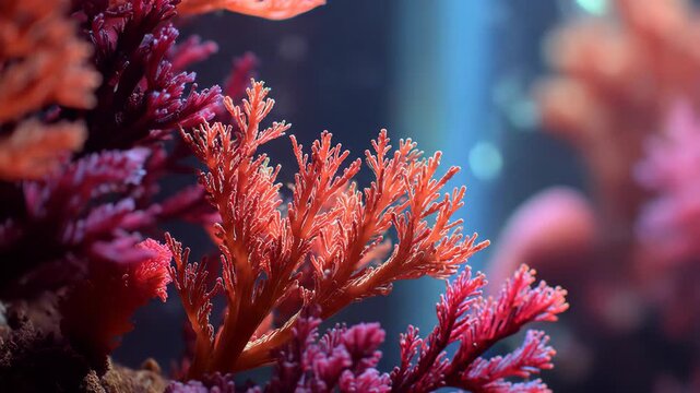 A mesmerizing macro exploration of vibrant red coral swaying in a deep blue aquatic world.