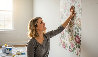 Junge blonde Frau probiert neue Tapete zu Hause aus