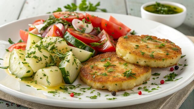 Delicious brambor ky served with fresh tomato and cucumber salad for a healthy lunch in a cozy setting