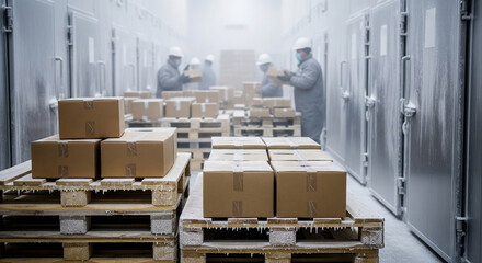 Boxes of frozen ice without logos on pallets with frozen goods in a cold storage warehouse, in the background workers in protective suits demonstrating the process of food storage and cold chain 