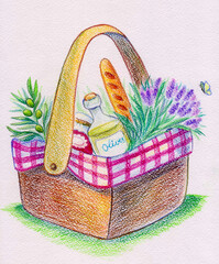 Raster illustration in the Provence style, hand-drawn with watercolor pencils: butterfly, basket with lavender and olive branches, baguette, bottle of olive oil, jar of jam.