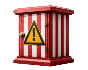 Red white emergency signal box with striped pattern yellow warning sign wooden texture safety alert device isolated on transparency background caution secure urgent